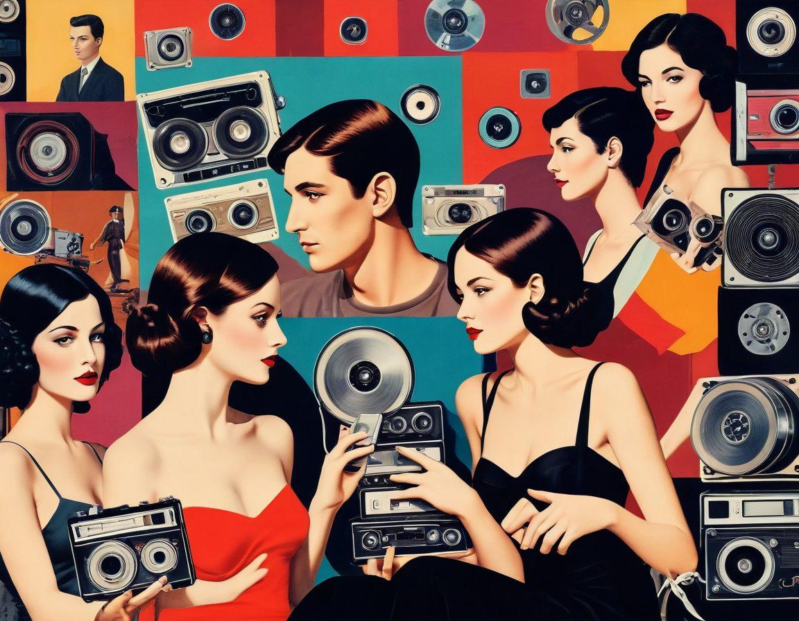 A surreal collage showcasing different forms of adult entertainment evolving over time, with elements like vintage film reels, modern streaming devices, and abstract representations of intimacy, set against a backdrop of diverse people connecting in various ways. Include symbols of technology and society, like smartphones and social media icons, to illustrate the modern aspect. The colors should be vibrant and engaging, blending warmth and passion. super-realistic. vibrant colors. abstract elements.